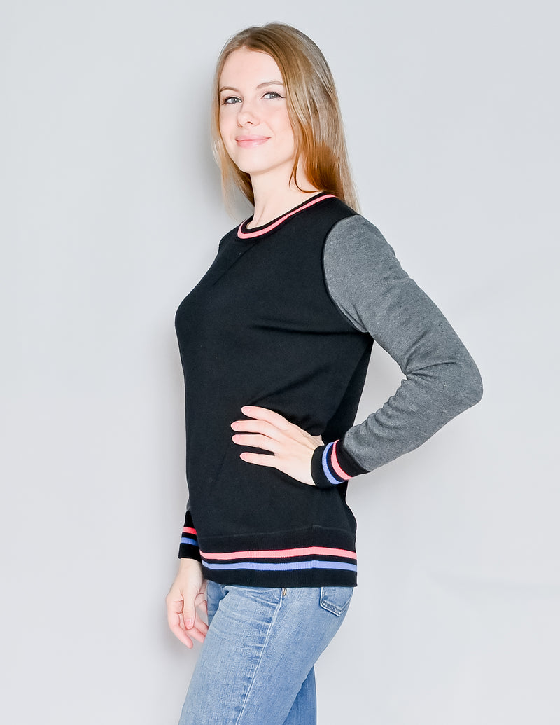 JASON WU Black Wool Stripe Trim Crew-Neck Sweater (XS)
