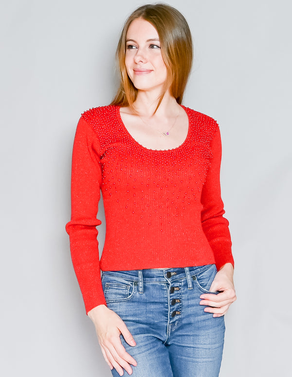 VINTAGE Lillie Rubin Red Metallic Beaded Ribbed Knit Top (S)