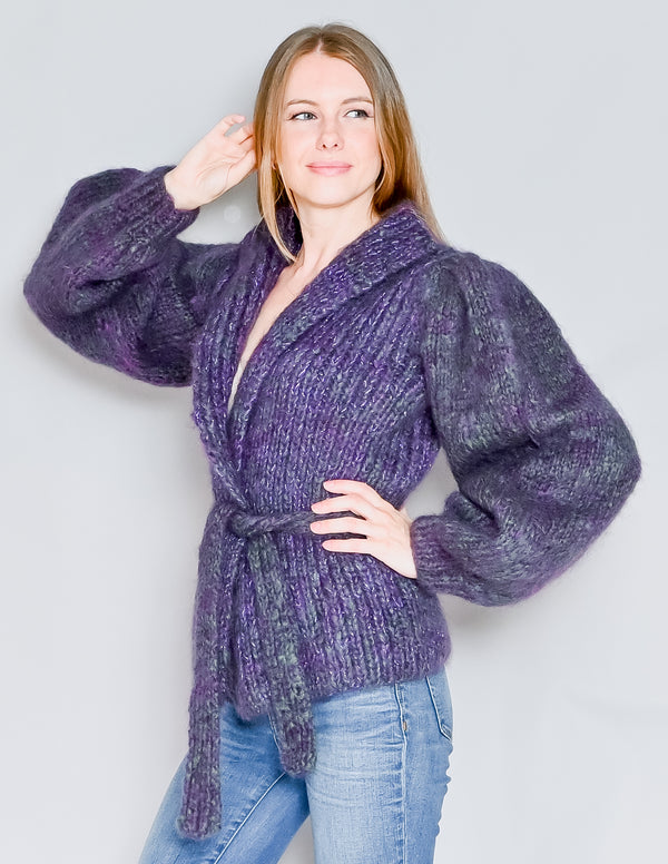 VINTAGE Lois Strasberg Metallic Purple Green Knit Cardigan (OS)