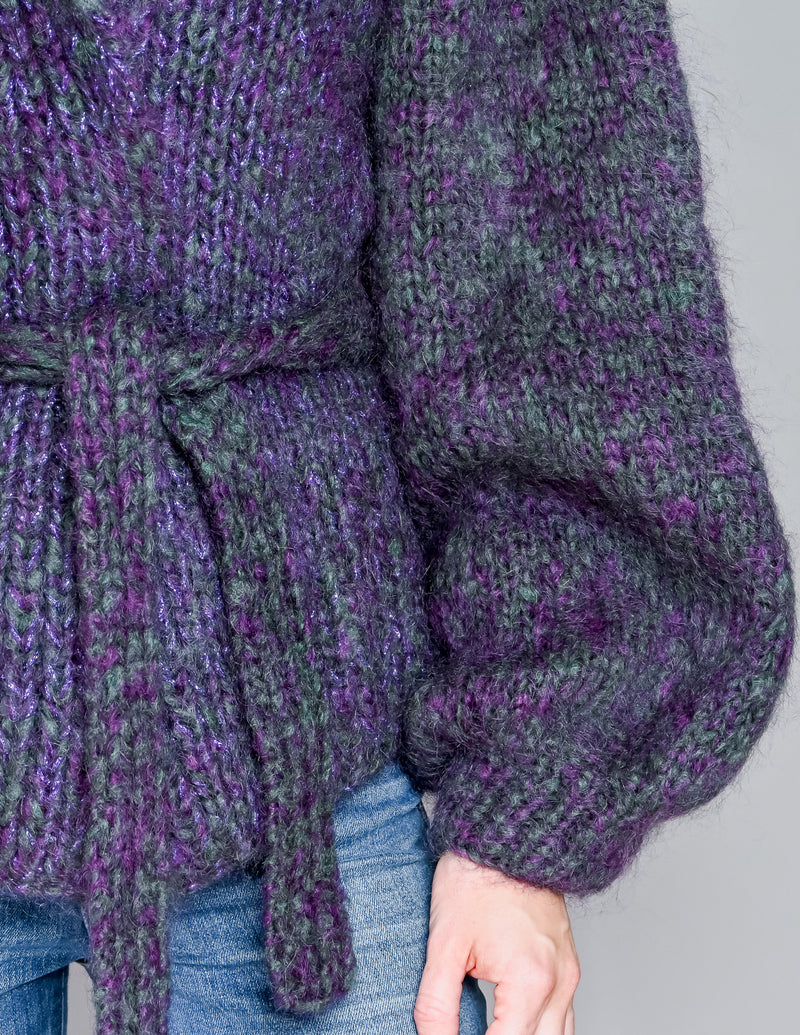 VINTAGE Lois Strasberg Metallic Purple Green Knit Cardigan (OS)