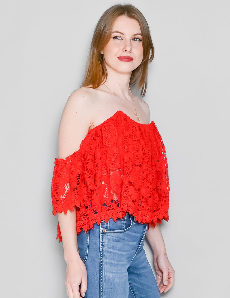 TULAROSA Amelia Red Off-Shoulder Crochet Crop Top (M)