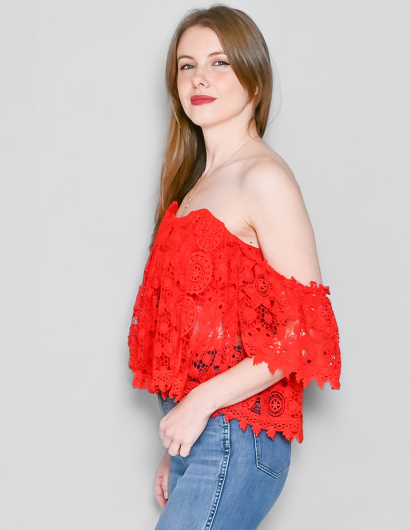 TULAROSA Amelia Red Off-Shoulder Crochet Crop Top (M)