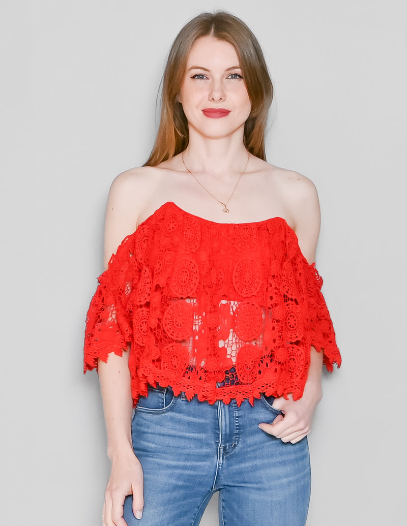 TULAROSA Amelia Red Off-Shoulder Crochet Crop Top (M)