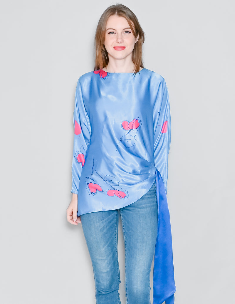 VINTAGE Flora Kung Blue Floral Satin Blouse (S)