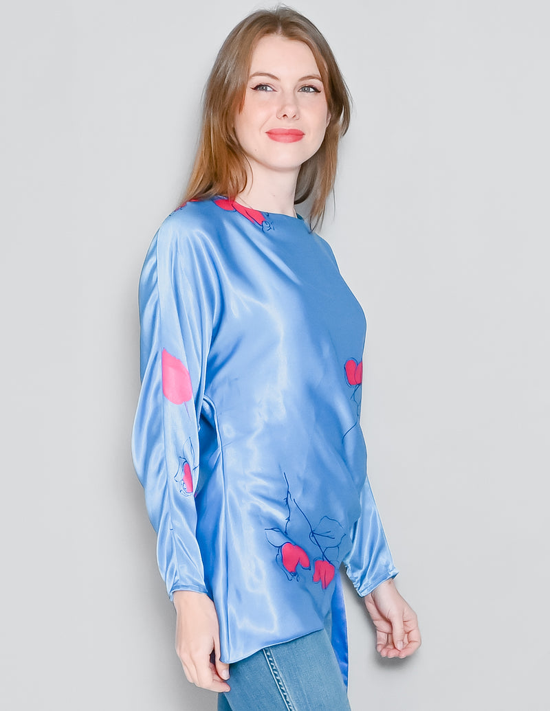 VINTAGE Flora Kung Blue Floral Satin Blouse (S)