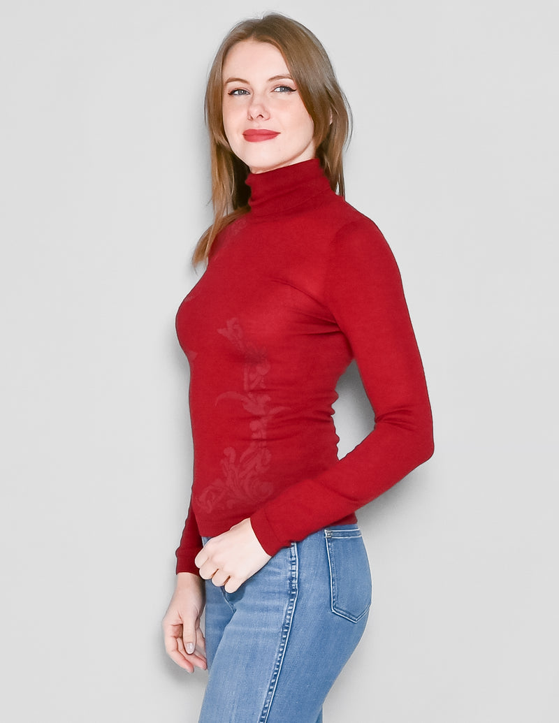 VERSACE Collection Maroon Knit Floral Turtleneck (XS)