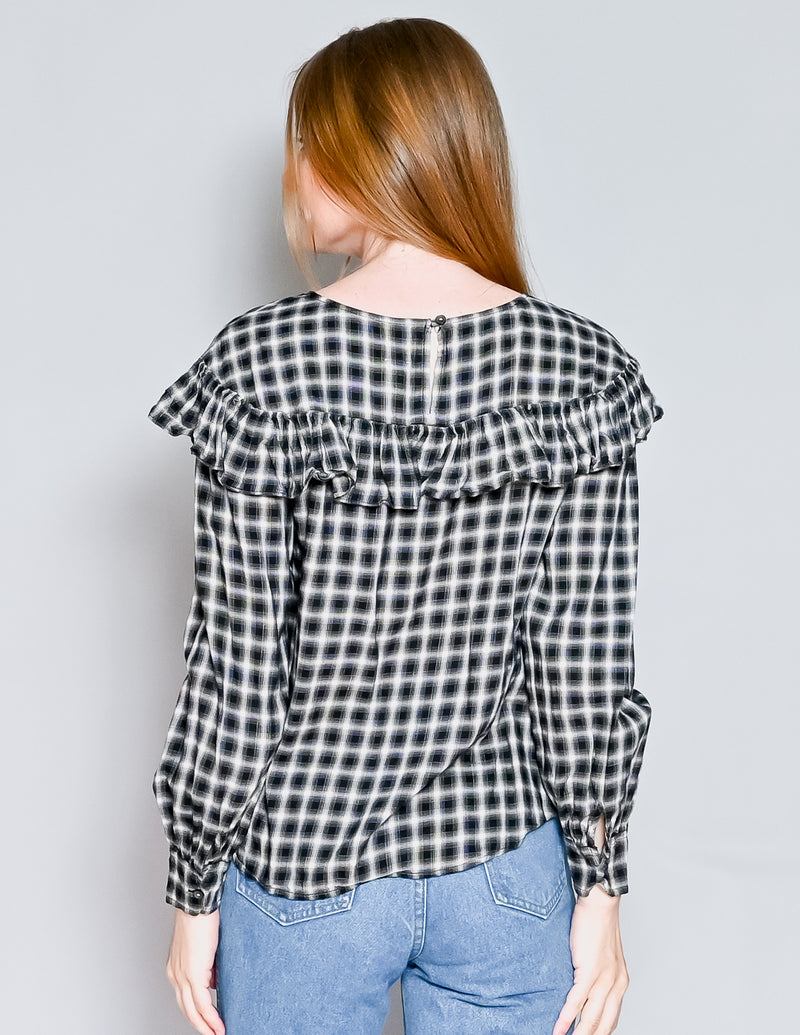 LA VIE Rebecca Taylor Ruffle-Trimmed Plaid Top (S)