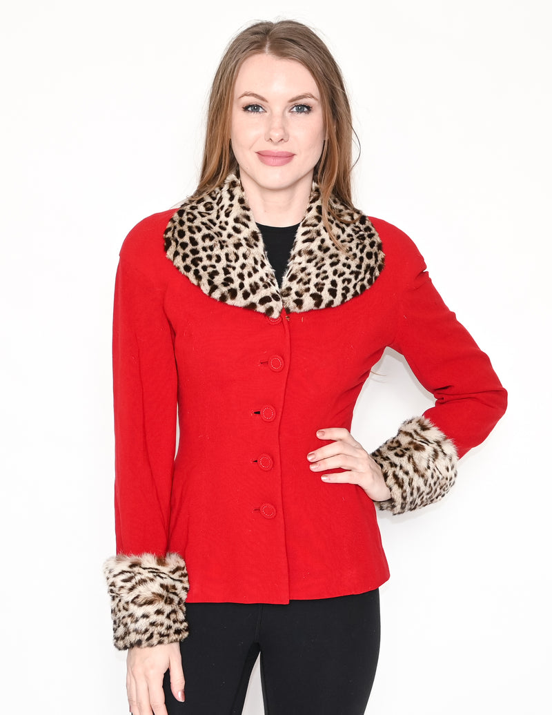 VINTAGE Spotted Cat Fur Collar Red Jacket