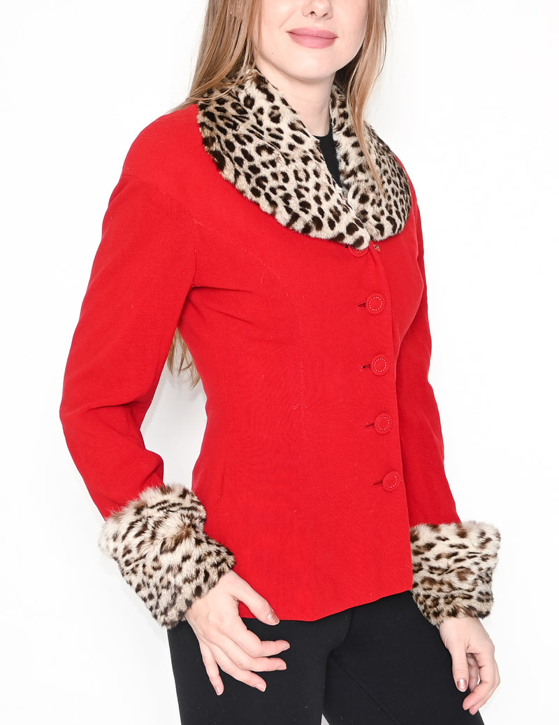 VINTAGE Spotted Cat Fur Collar Red Jacket