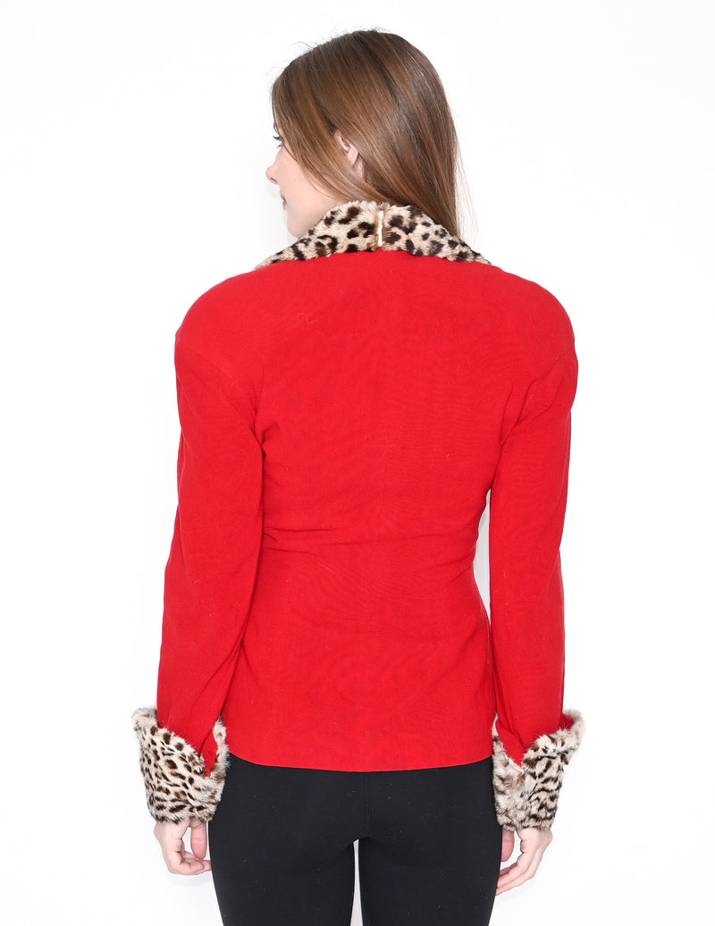 VINTAGE Spotted Cat Fur Collar Red Jacket