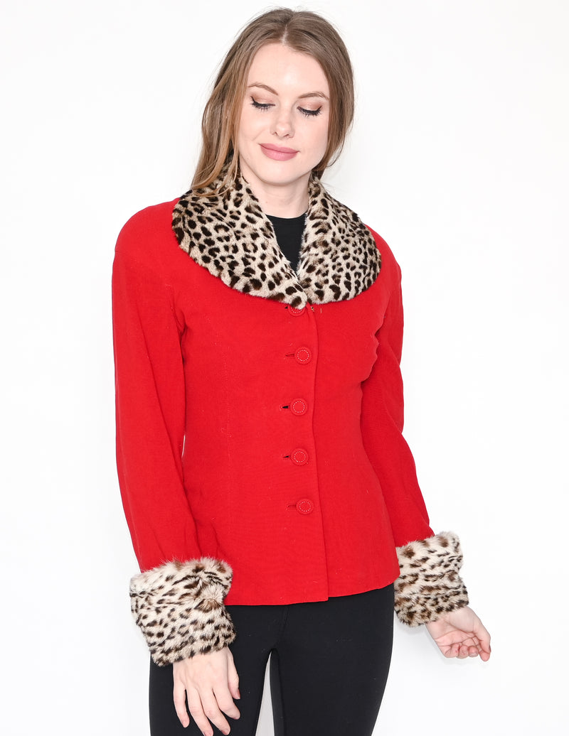 VINTAGE Spotted Cat Fur Collar Red Jacket