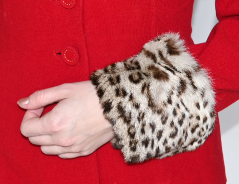 VINTAGE Spotted Cat Fur Collar Red Jacket