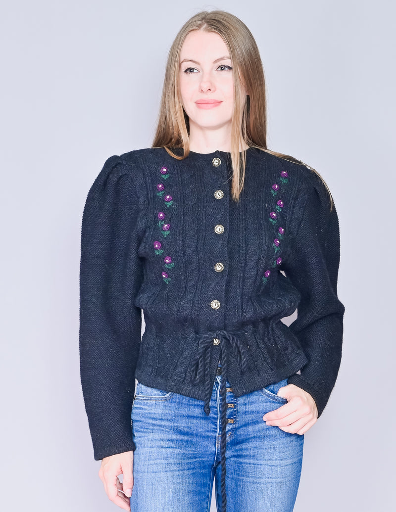 VINTAGE Trachtenmode Black Knit Wool Cardigan