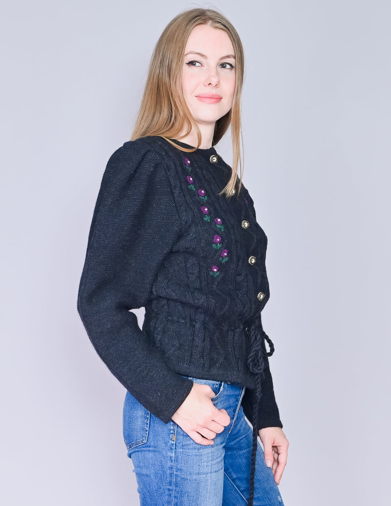 VINTAGE Trachtenmode Black Knit Wool Cardigan