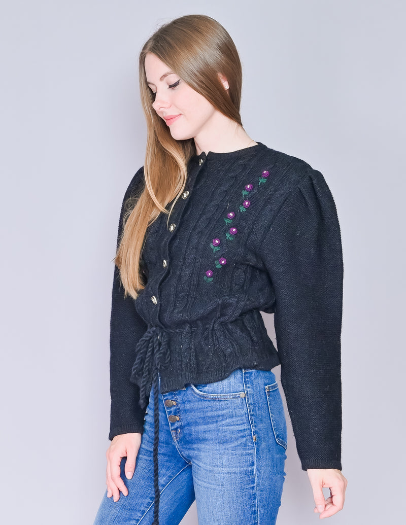 VINTAGE Trachtenmode Black Knit Wool Cardigan