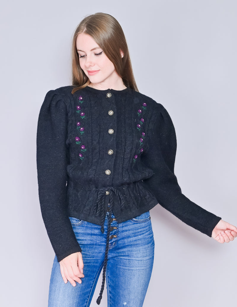 VINTAGE Trachtenmode Black Knit Wool Cardigan