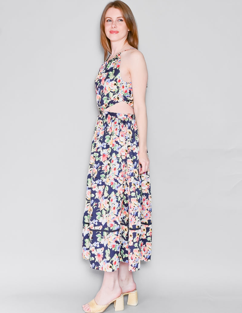 SOMETHING NAVY Cut Out Midi Dress in Floral Poplin NWT (M)