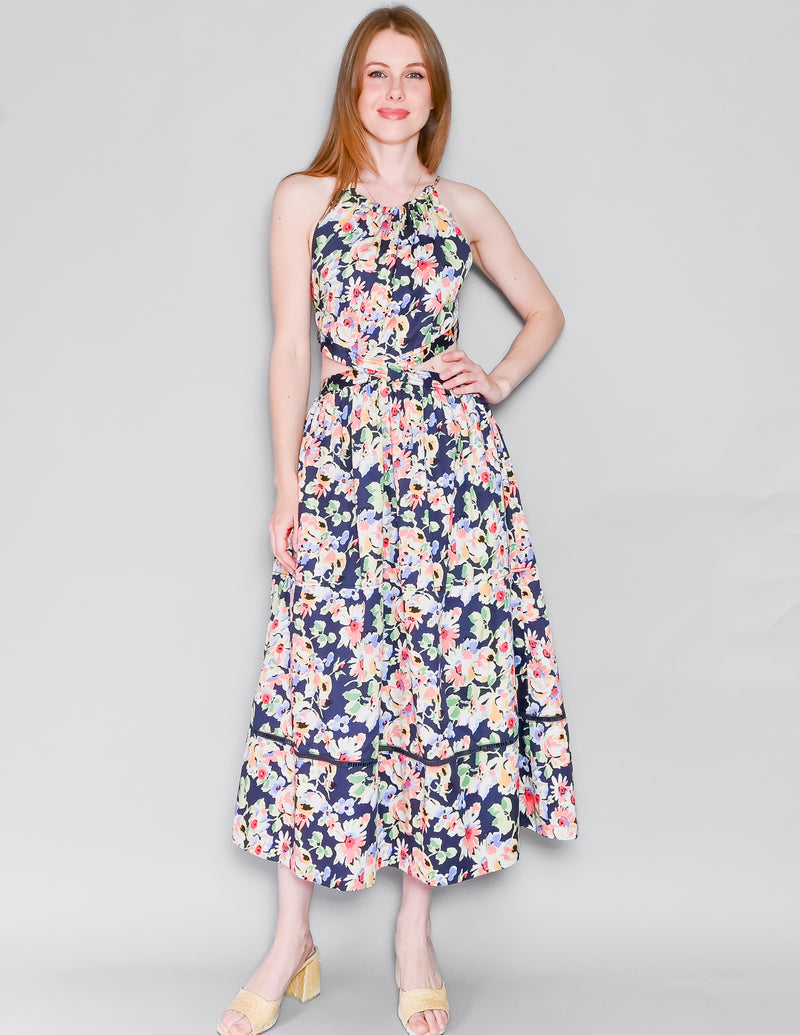 SOMETHING NAVY Cut Out Midi Dress in Floral Poplin NWT (M)