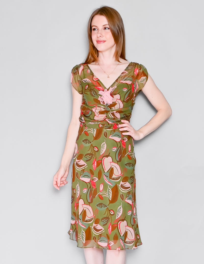 VINTAGE BCBGMaxAzria Y2K Silk Chiffon Botanical Print Midi Dress (8)