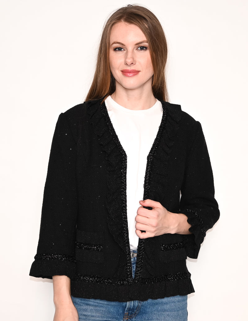 ST. JOHN Black Sparkle Tweed Ruffle Trim Jacket