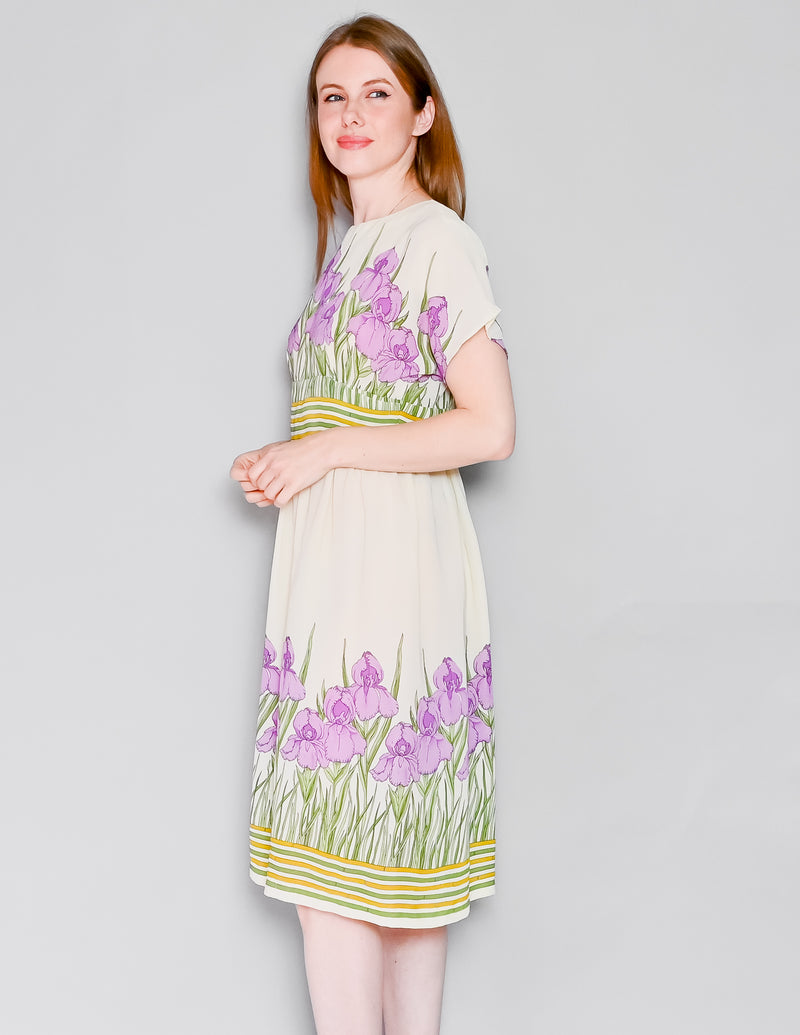 VINTAGE Iris Floral Print Chiffon Midi Dress (M)