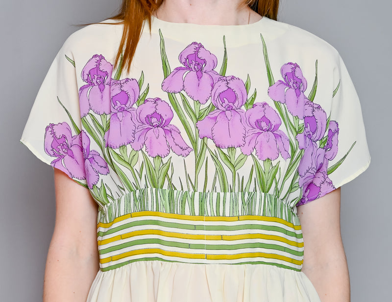 VINTAGE Iris Floral Print Chiffon Midi Dress (M)