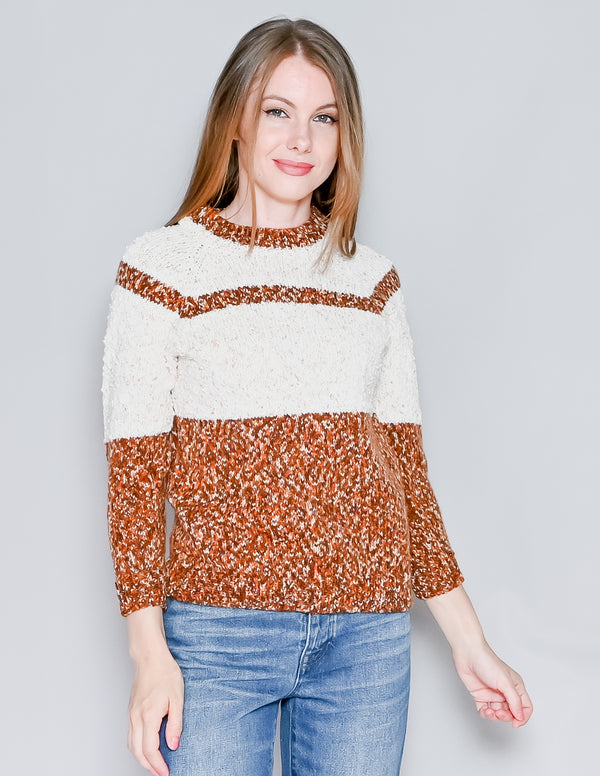 VINTAGE 70s Popcorn Knit Ivory and Brown Sweater (XS/S)