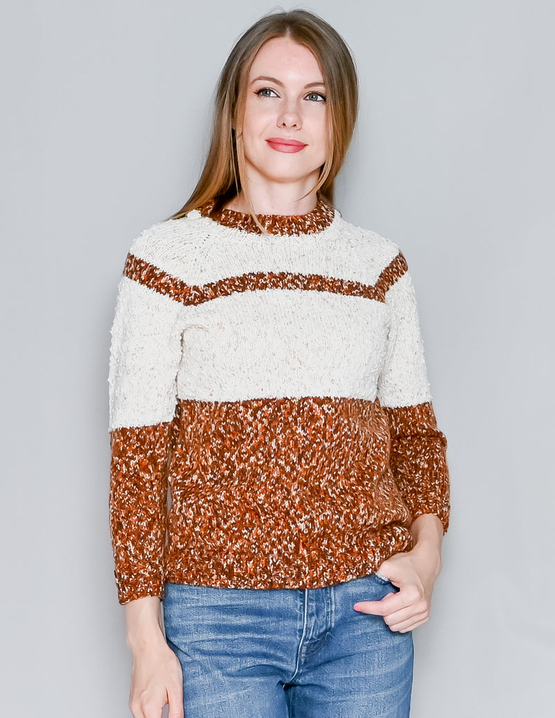 VINTAGE 70s Popcorn Knit Ivory and Brown Sweater (XS/S)