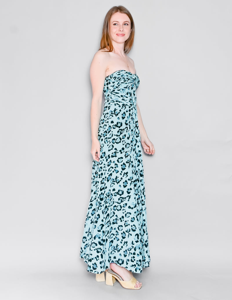 NANETTE LEPORE Silk Aqua Cheetah Strapless Maxi Dress (0)
