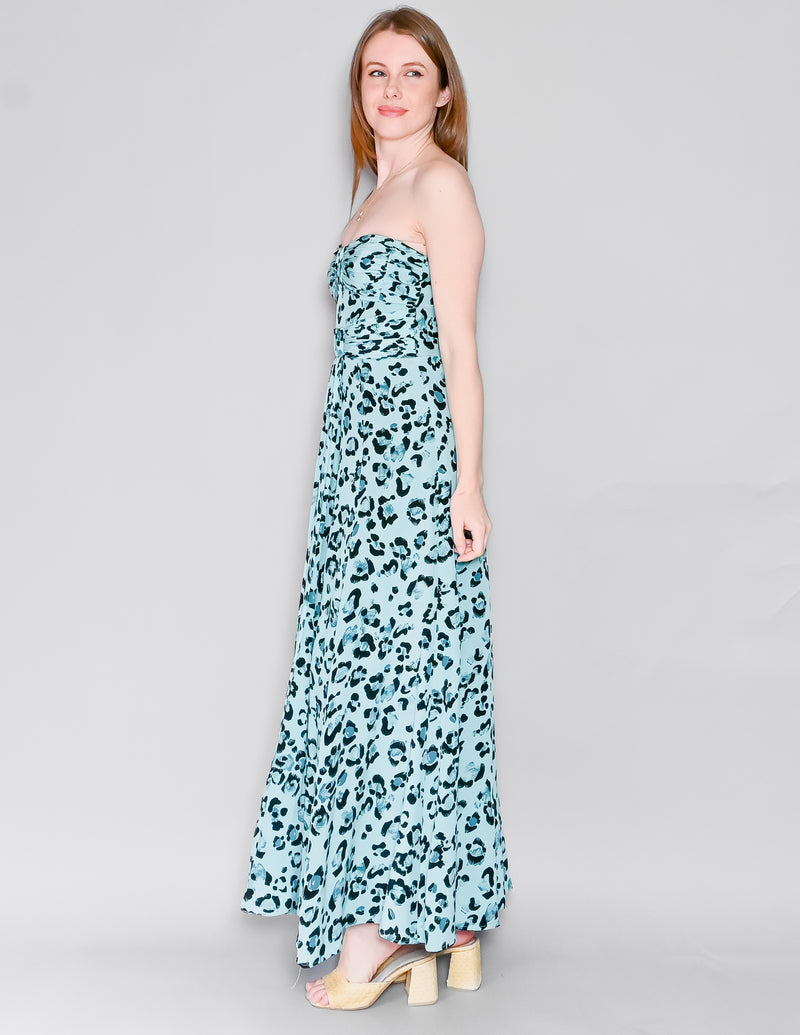 NANETTE LEPORE Silk Aqua Cheetah Strapless Maxi Dress (0)