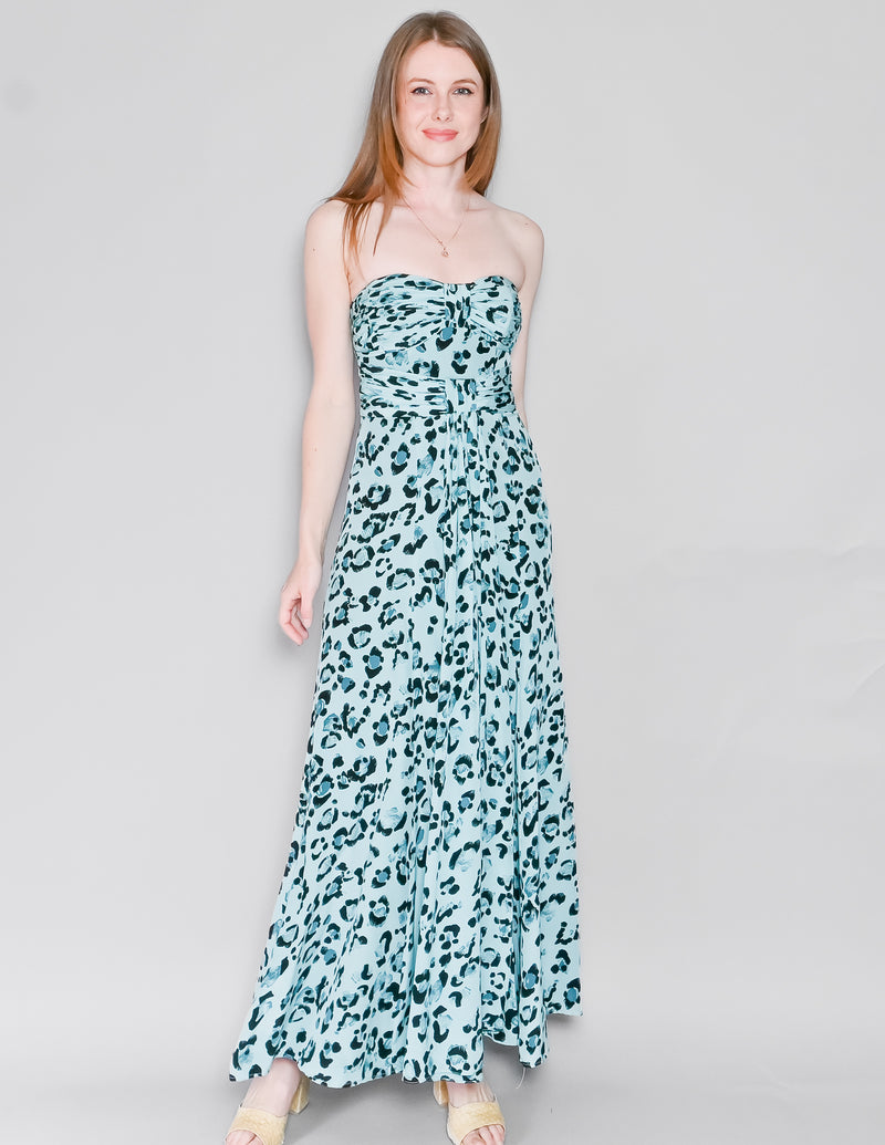 NANETTE LEPORE Silk Aqua Cheetah Strapless Maxi Dress (0)