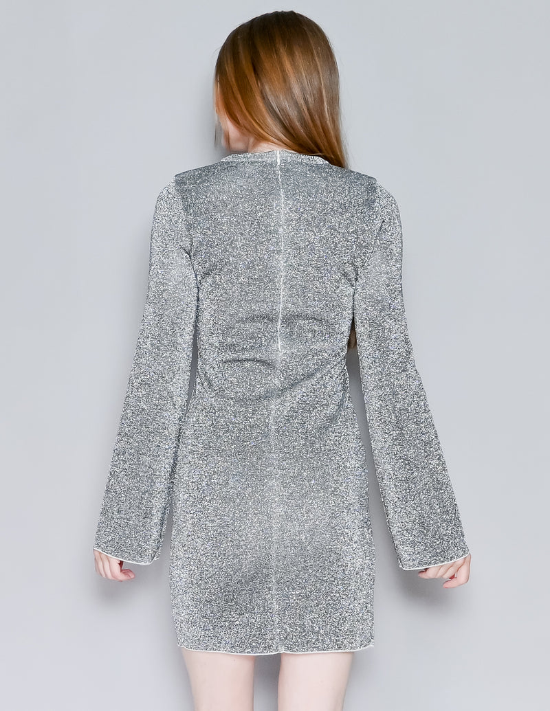 GOOD AMERICAN Bell-Sleeve Silver Metallic Sparkle Mini Dress (0)