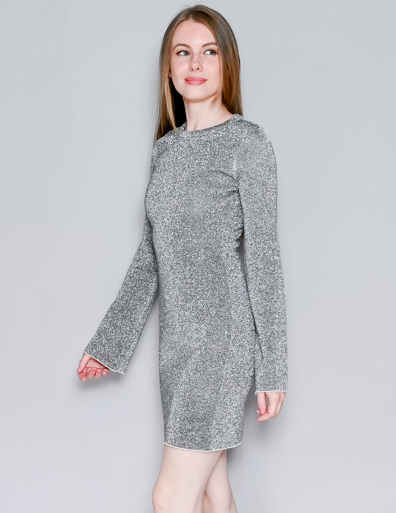 GOOD AMERICAN Bell-Sleeve Silver Metallic Sparkle Mini Dress (0)