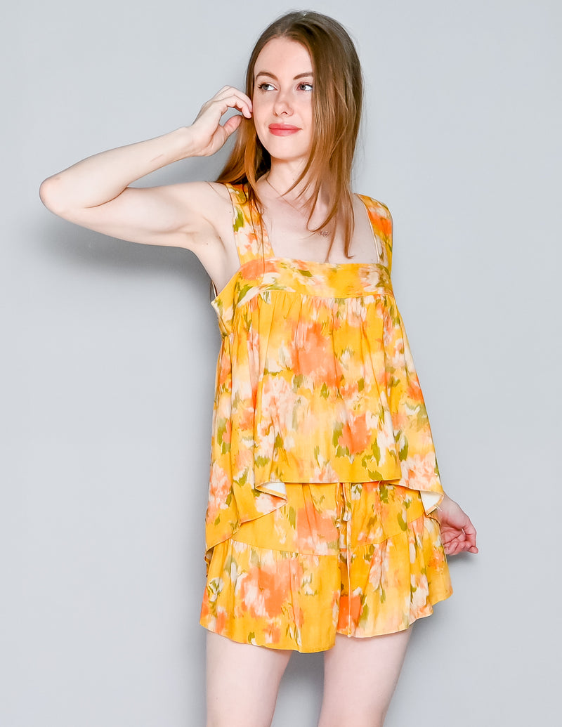 STARK X Yellow Linen Ruffle Shorts and Square Neck Top (M)