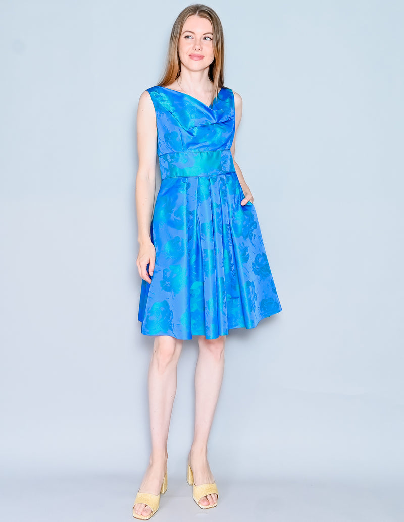 THEIA Blue Teal Floral Jacquard Pleated Dress (6)