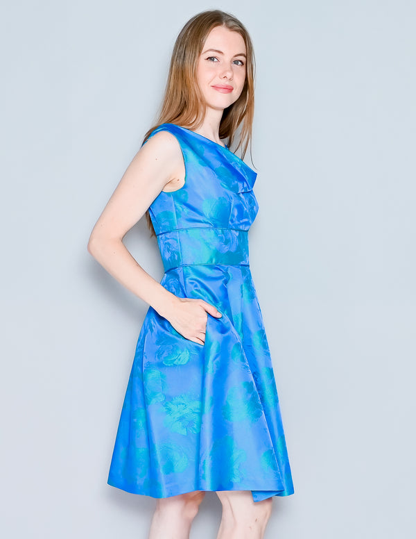 THEIA Blue Teal Floral Jacquard Pleated Dress (6)