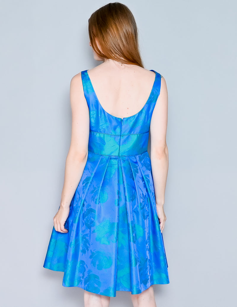 THEIA Blue Teal Floral Jacquard Pleated Dress (6)