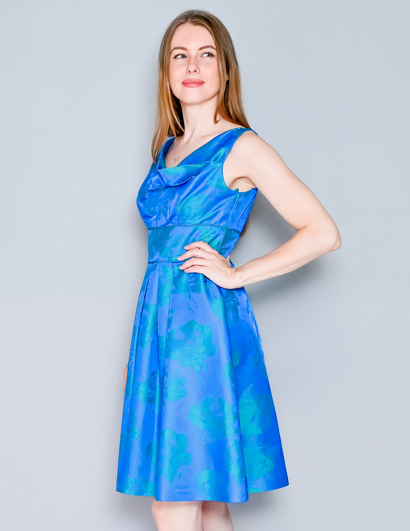 THEIA Blue Teal Floral Jacquard Pleated Dress (6)