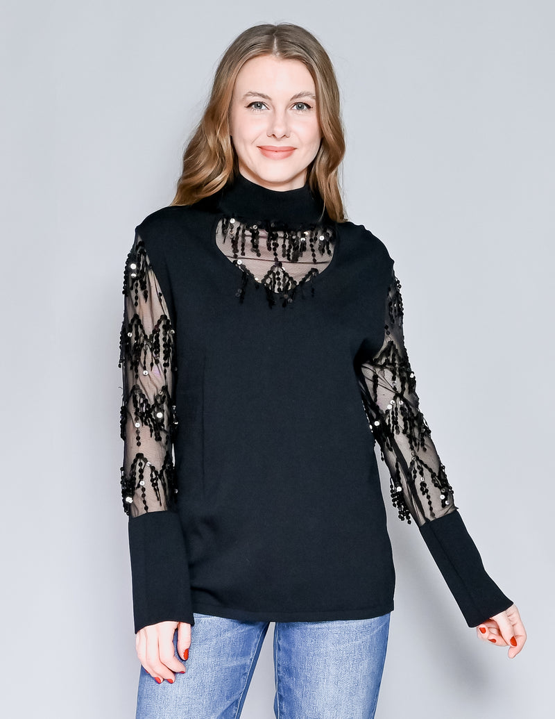 VINTAGE Knit Mesh Sequin Black Top (L)