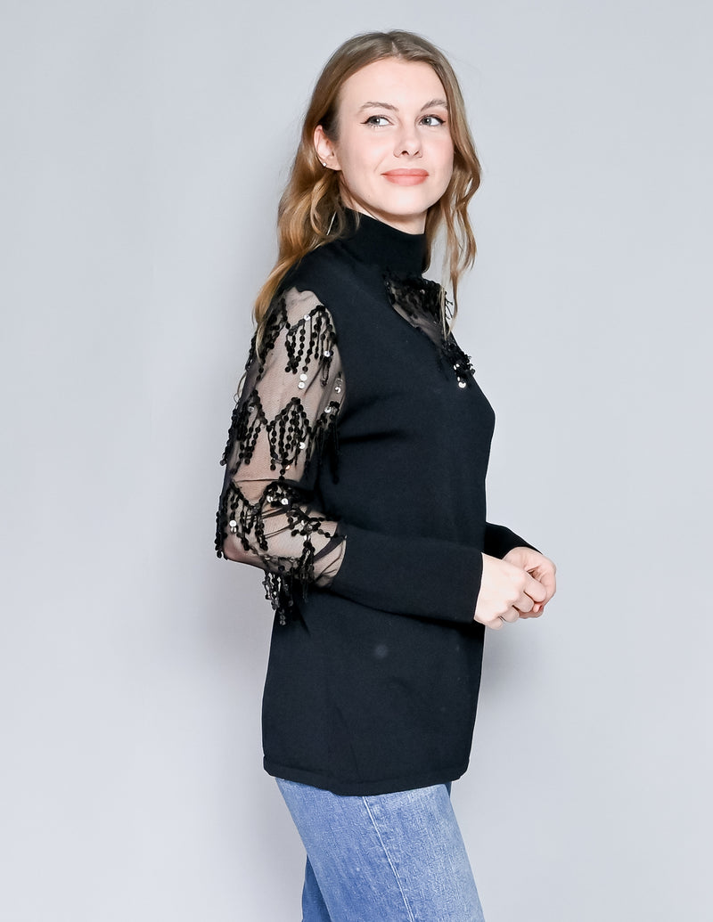 VINTAGE Knit Mesh Sequin Black Top (L)