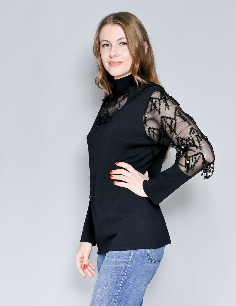 VINTAGE Knit Mesh Sequin Black Top (L)