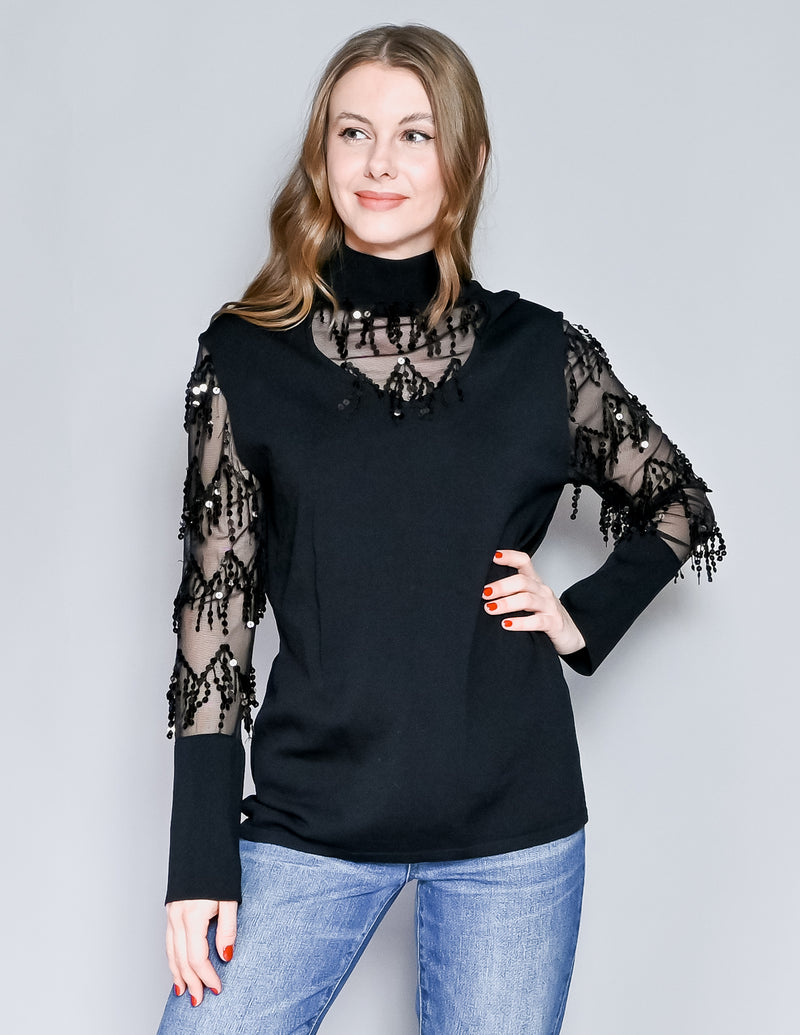 VINTAGE Knit Mesh Sequin Black Top (L)