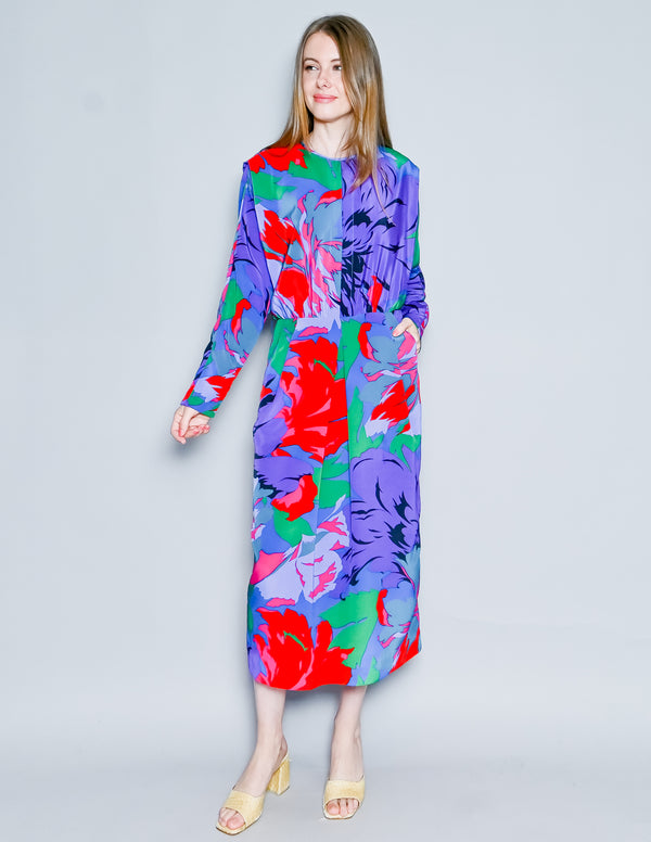 VINTAGE J. ELLIS 80s Bold Colorful Floral Long Sleeve Midi Dress (8)