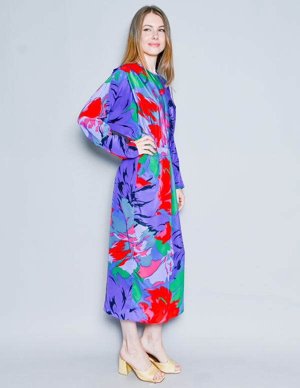 VINTAGE J. ELLIS 80s Bold Colorful Floral Long Sleeve Midi Dress (8)