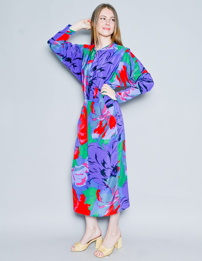VINTAGE J. ELLIS 80s Bold Colorful Floral Long Sleeve Midi Dress (8)