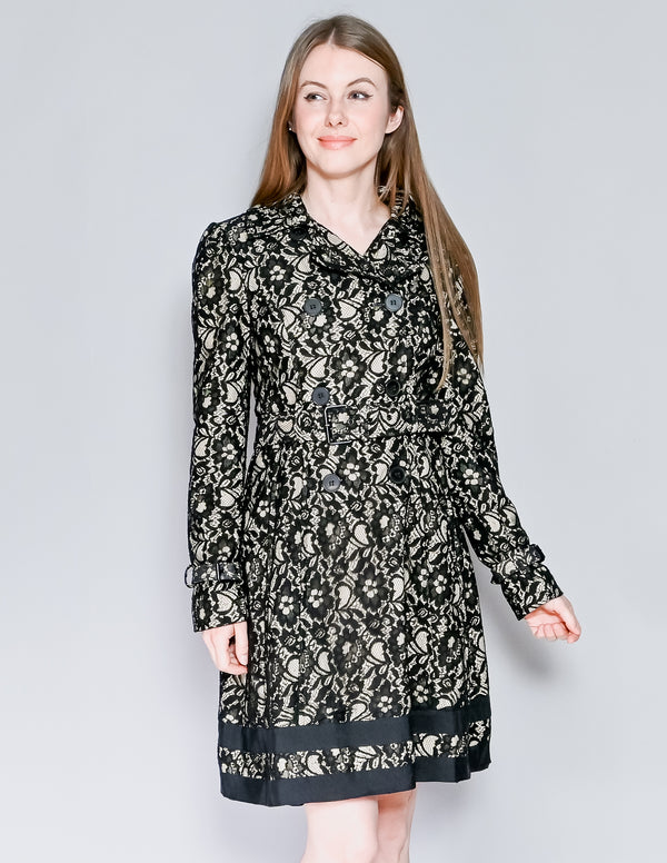 BEBE Black Lace Trench Coat with Lace-Up Back (M)