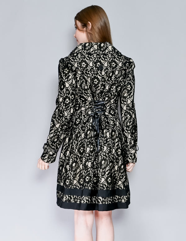 BEBE Black Lace Trench Coat with Lace-Up Back (M)