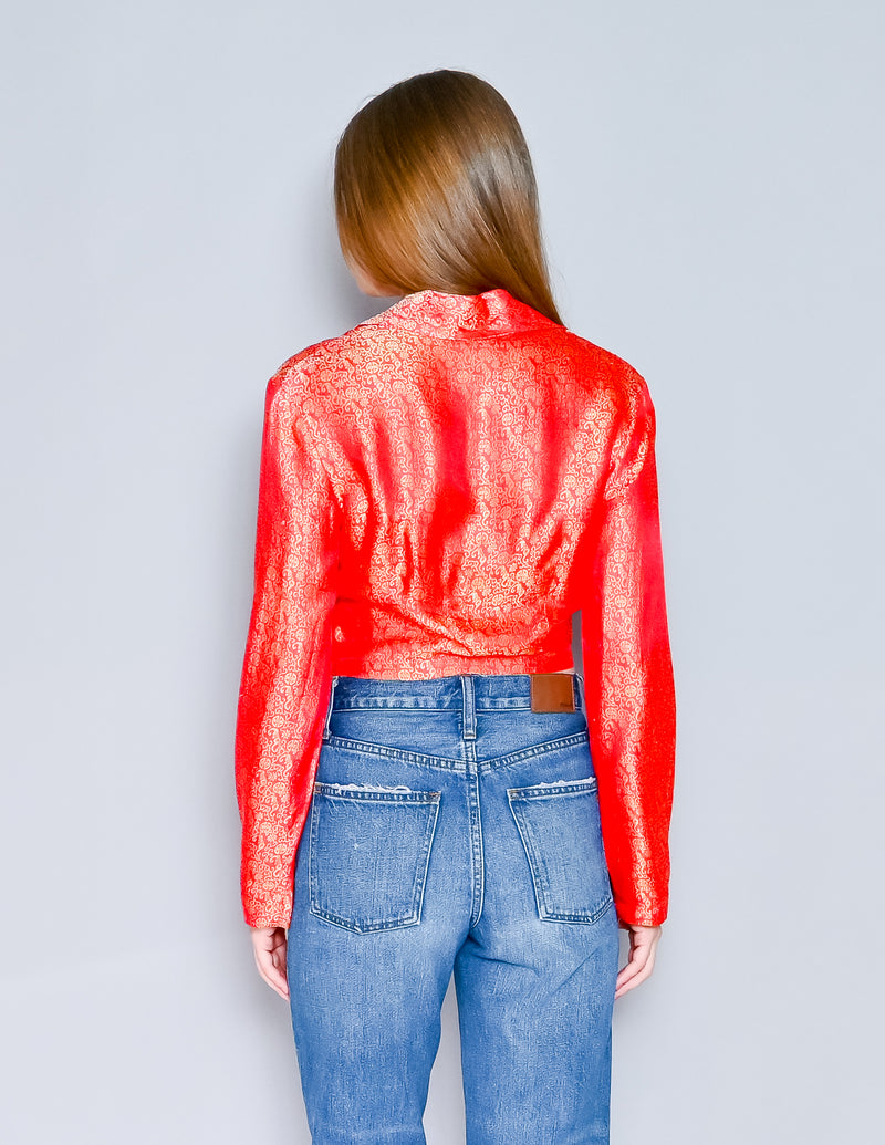 VINTAGE Brocade Metallic Red Cropped Button Down Top (S)