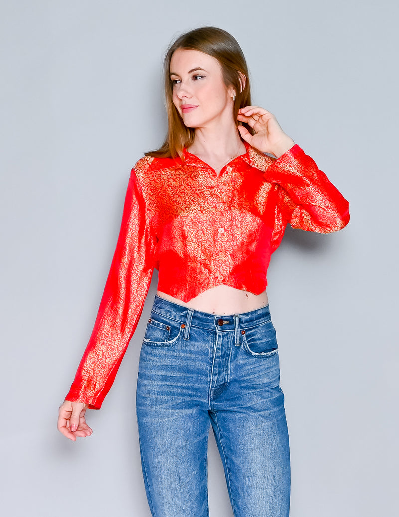 VINTAGE Brocade Metallic Red Cropped Button Down Top (S)