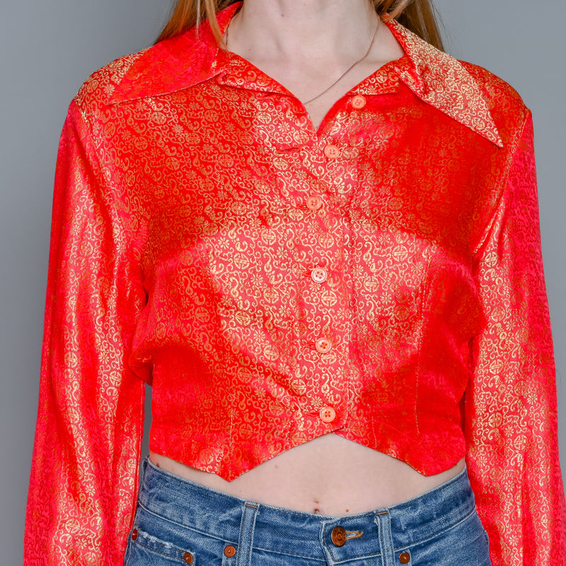 VINTAGE Brocade Metallic Red Cropped Button Down Top (S)